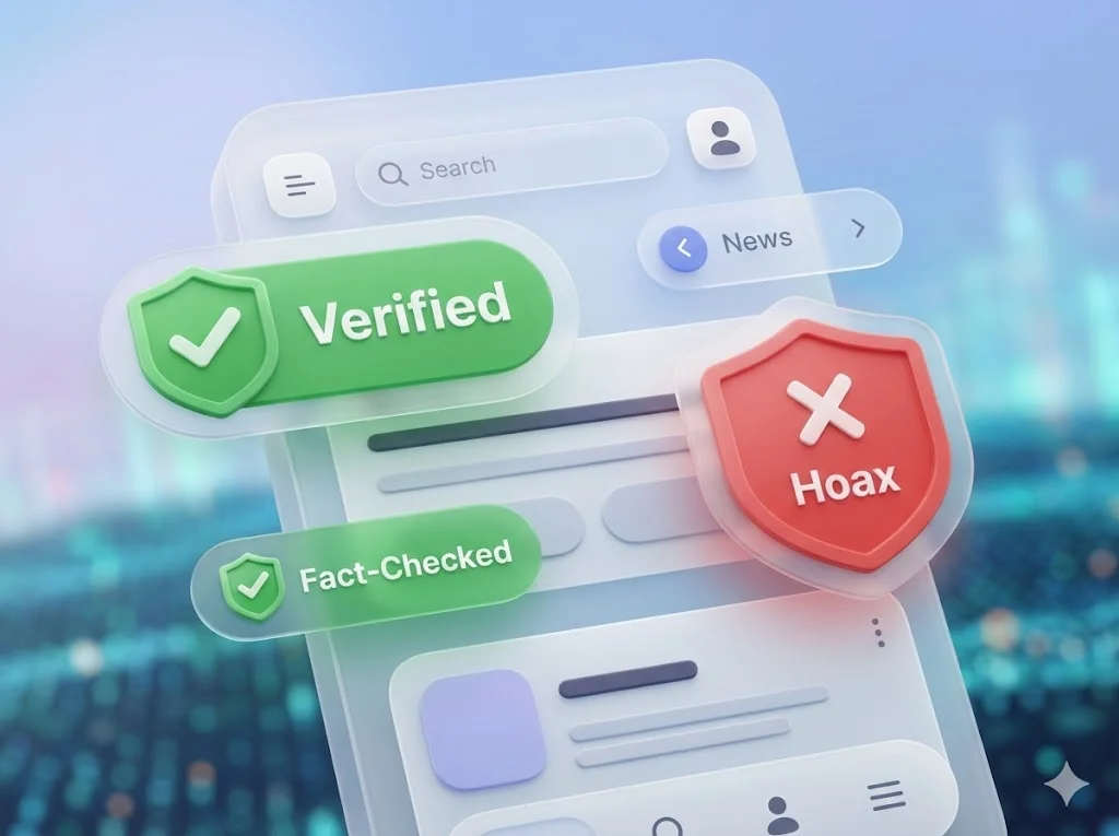 Ilustrasi aplikasi Hoax Buster Tools dengan ikon perisai dan verifikasi