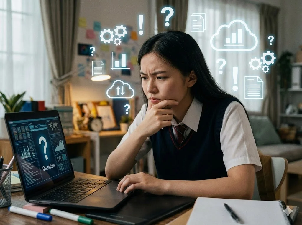 Seorang siswa sedang menatap layar laptop dengan ekspresi berpikir kritis