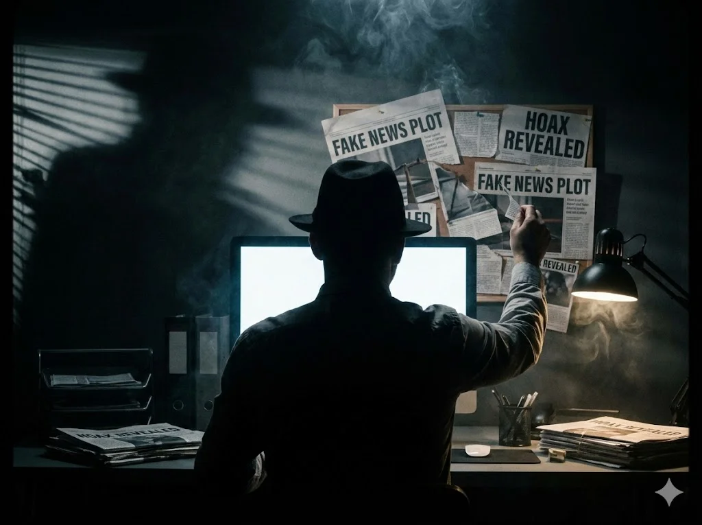 Aktor bayangan di balik komputer sedang menyusun berita palsu
