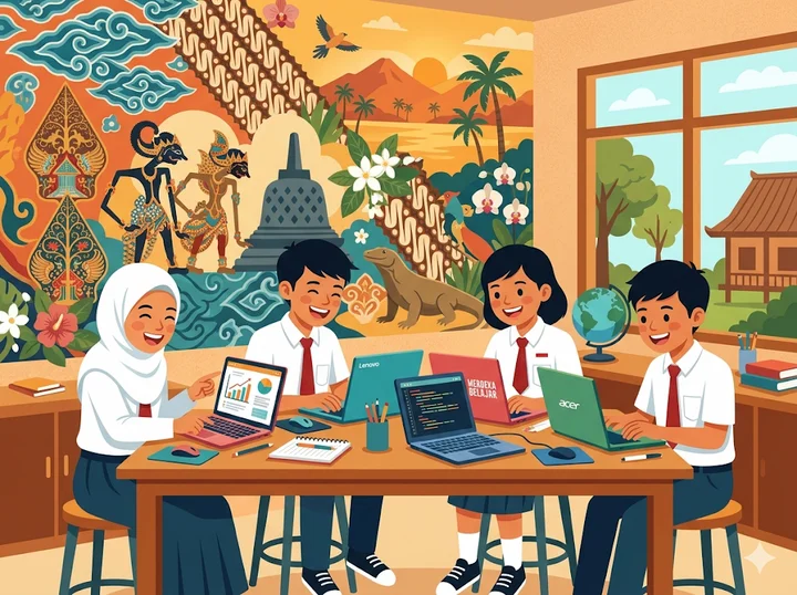 Young Indonesian students with digital devices