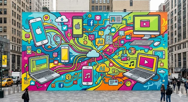 Desain modern dengan ikon digital, smartphone, komputer, dan multimedia berwarna cerah