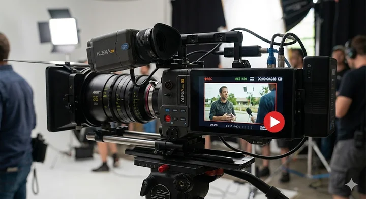 Kamera video profesional dengan layar LCD menampilkan rekaman, dengan ikon play button