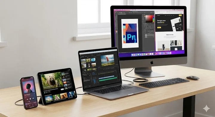 Berbagai mockup device menampilkan konten multimedia: smartphone, tablet, laptop, desktop