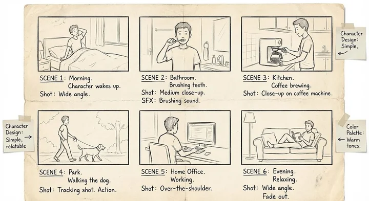 Contoh storyboard dengan 6 panel menunjukkan alur cerita sederhana, lengkap dengan sketsa dan notes