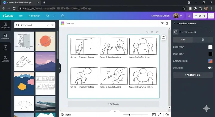 Screenshot interface Canva dengan template storyboard