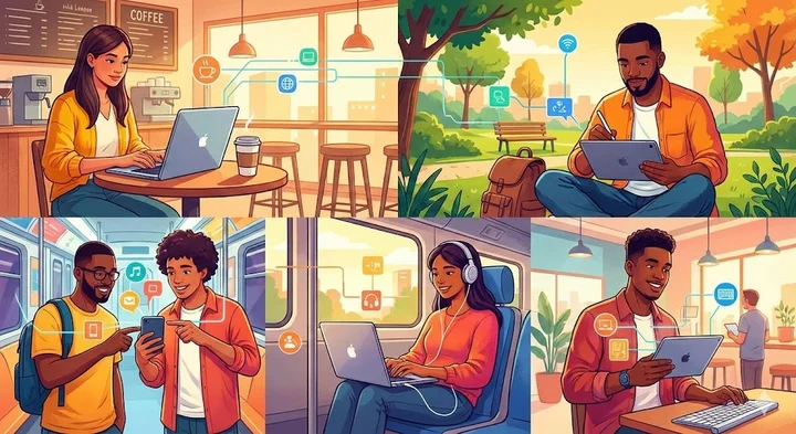 Ilustrasi generasi muda menggunakan berbagai perangkat digital seperti laptop, tablet, smartphone