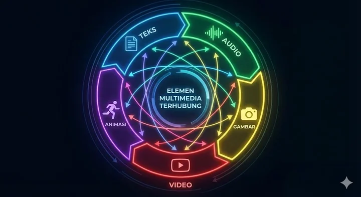 Diagram lingkaran menunjukkan 5 elemen multimedia yang saling terhubung: teks, audio, gambar, video, animasi