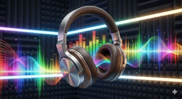 Gelombang suara berwarna dengan spektrum frekuensi, headphone modern